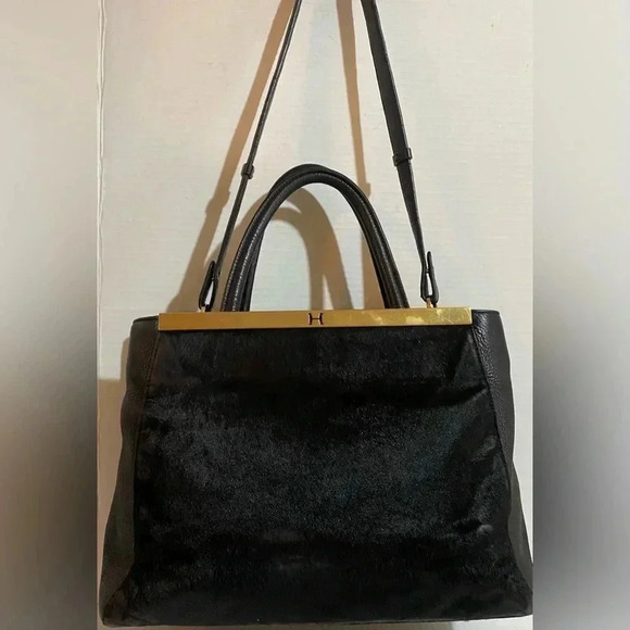 Halston calf fur & leather satchel handbag - Picture 3 of 13